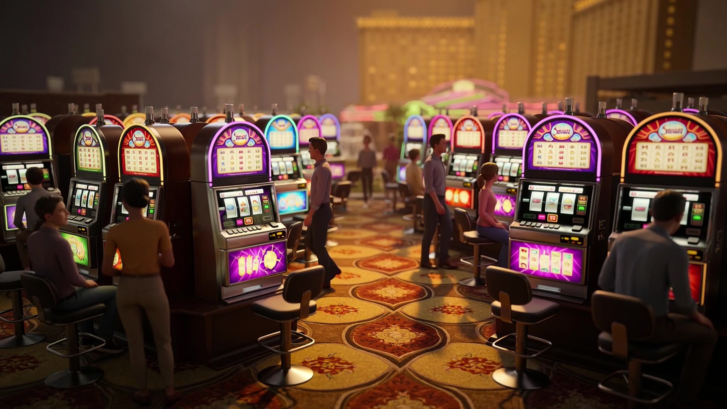 Casino floor from the aisle, machines either side
