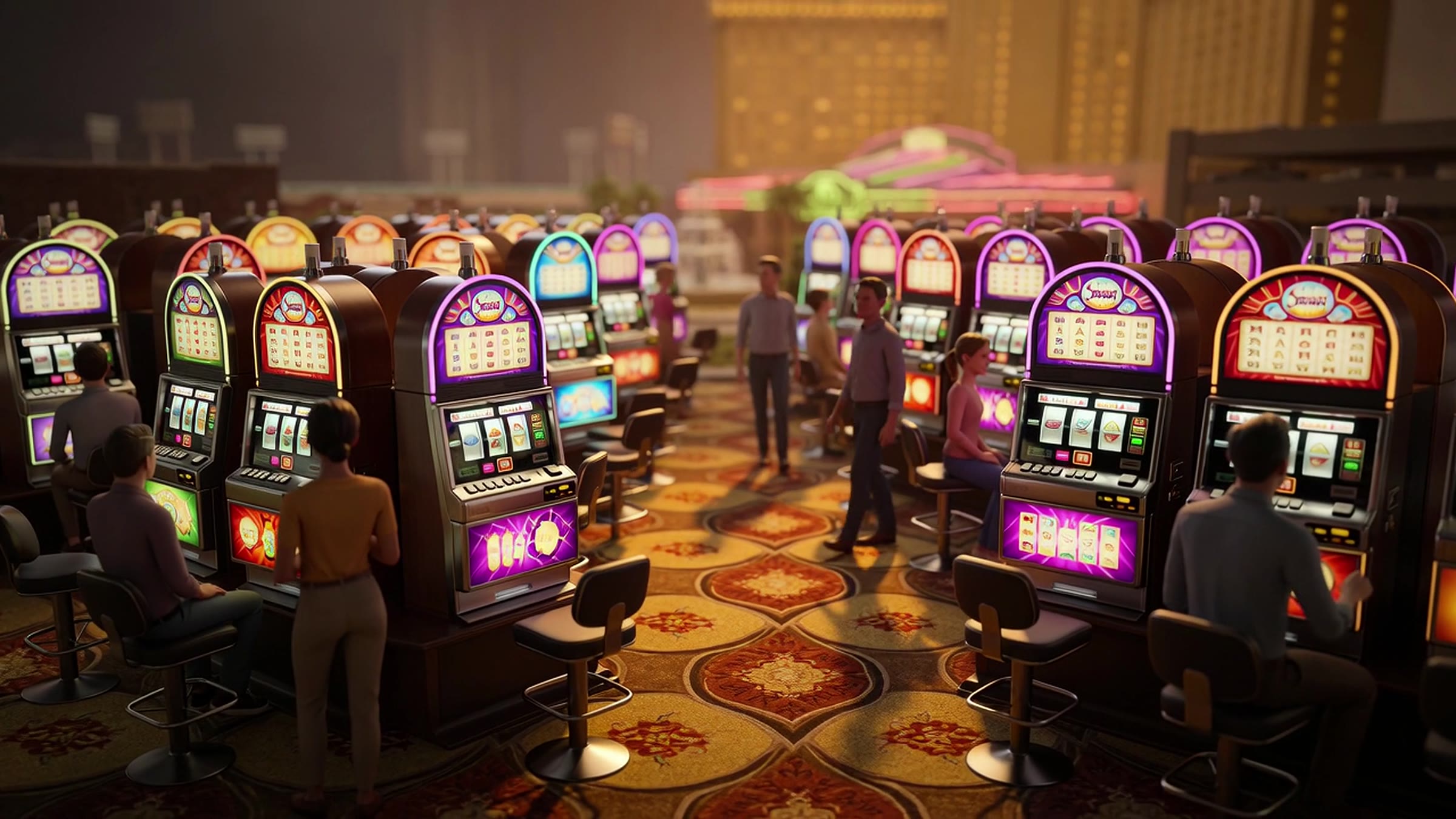 Casino floor, rows of slot machines