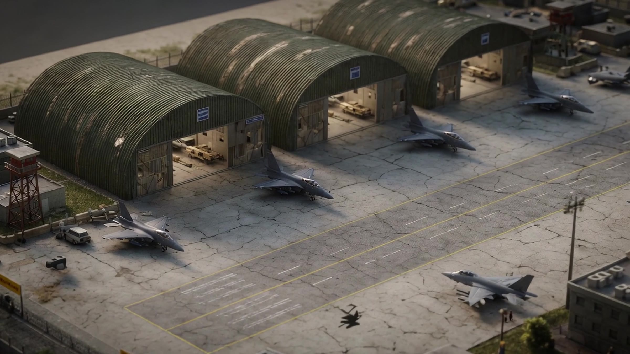 Flight line from above, hangar row and dispersed aircraft