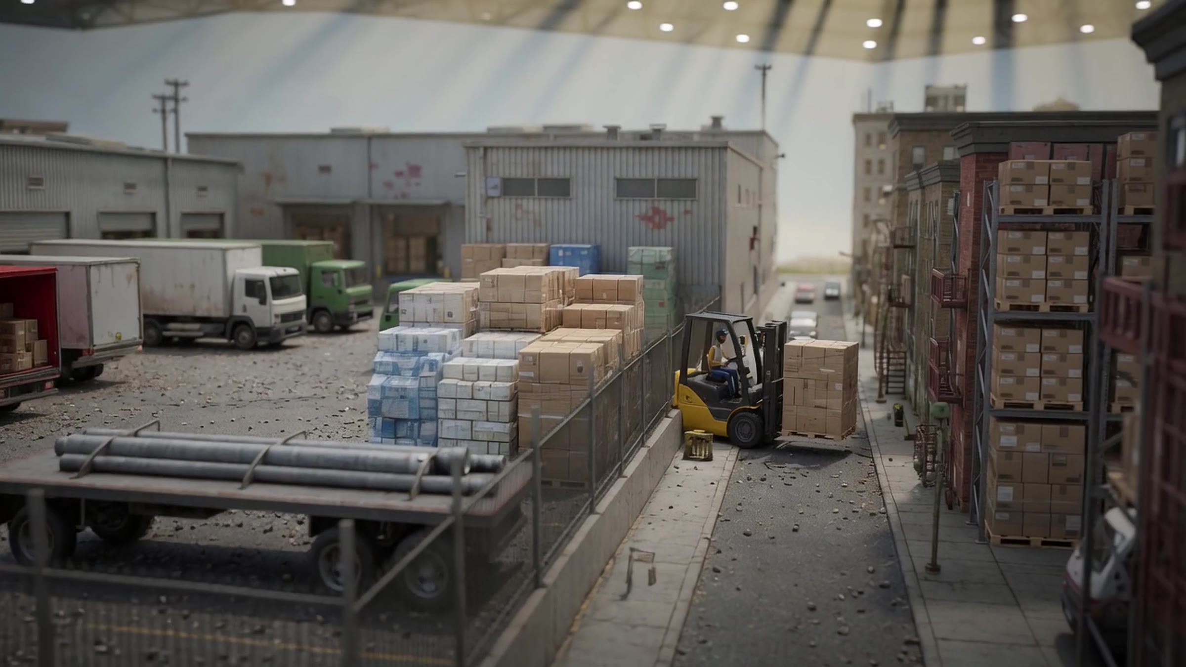 Loading yard, trucks and staged freight
