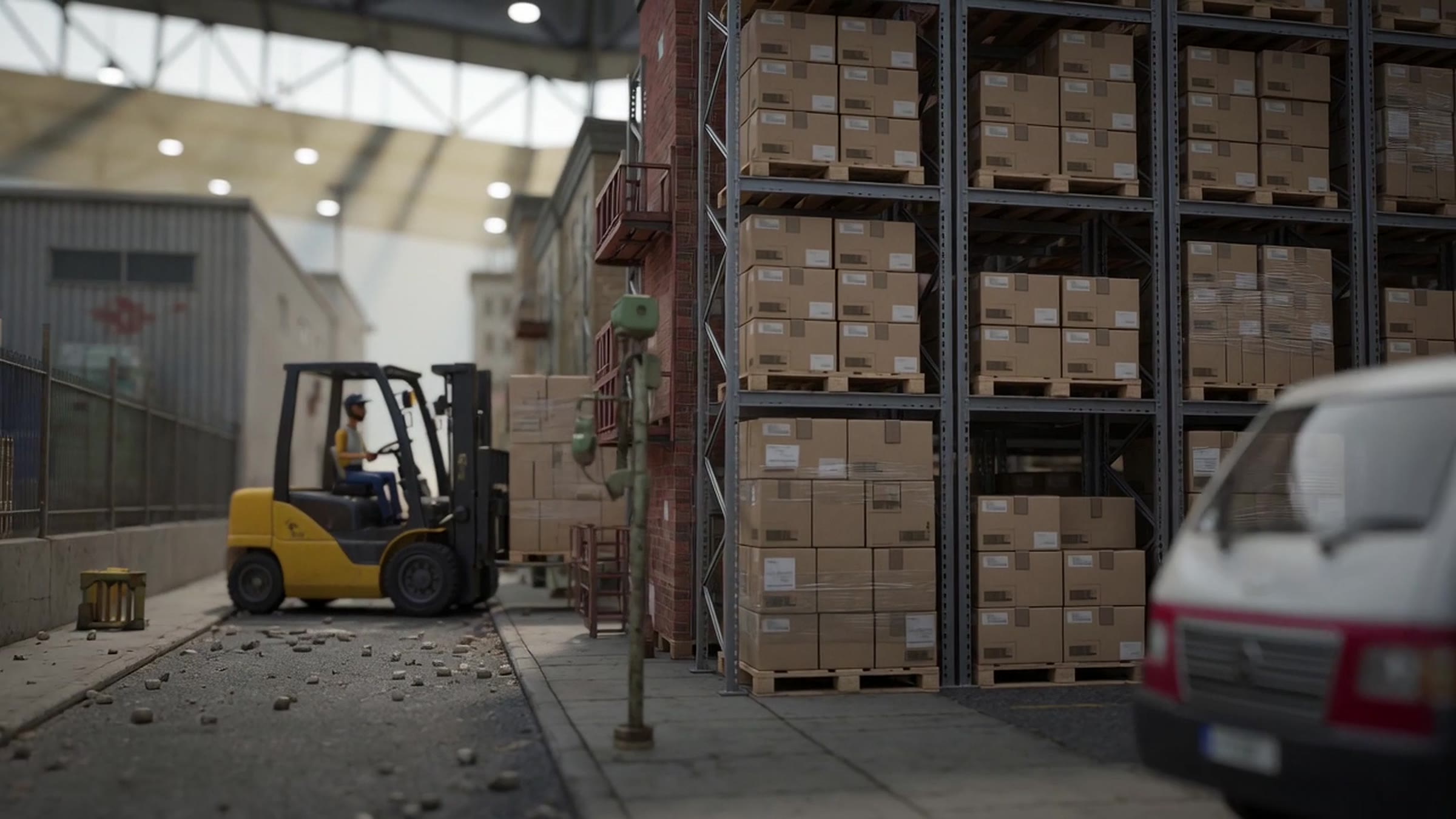 Warehouse racking, pallets and a forklift