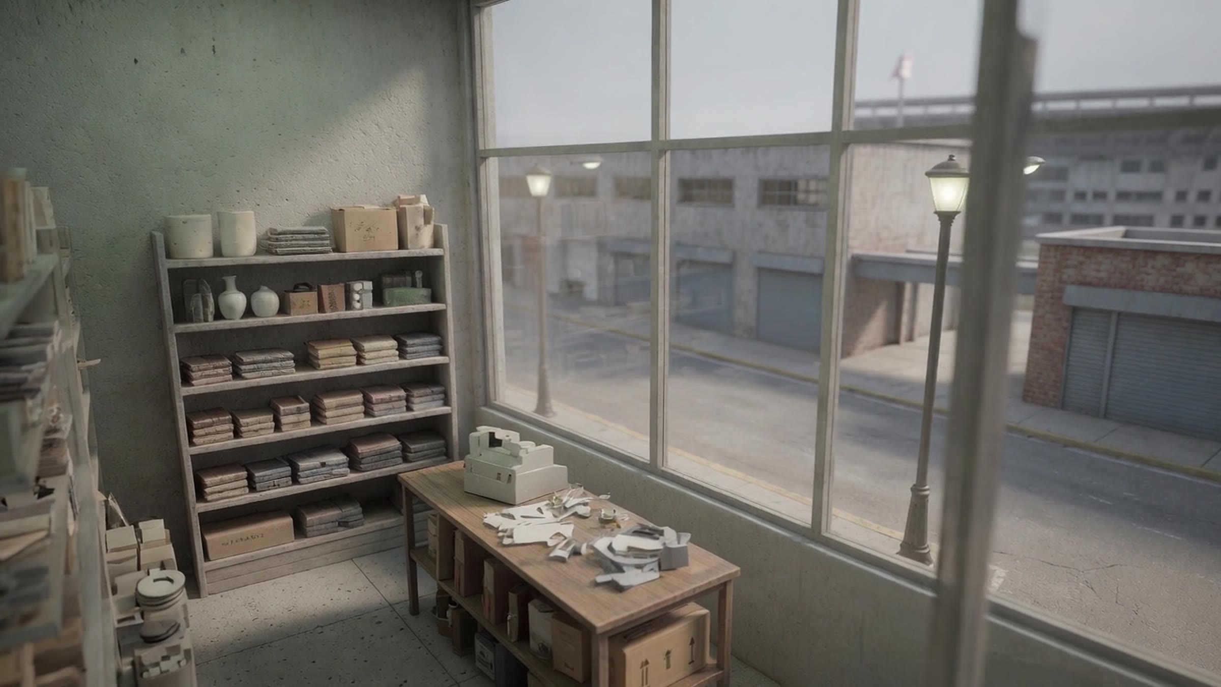 Retail interior, shelf run beside the storefront glass