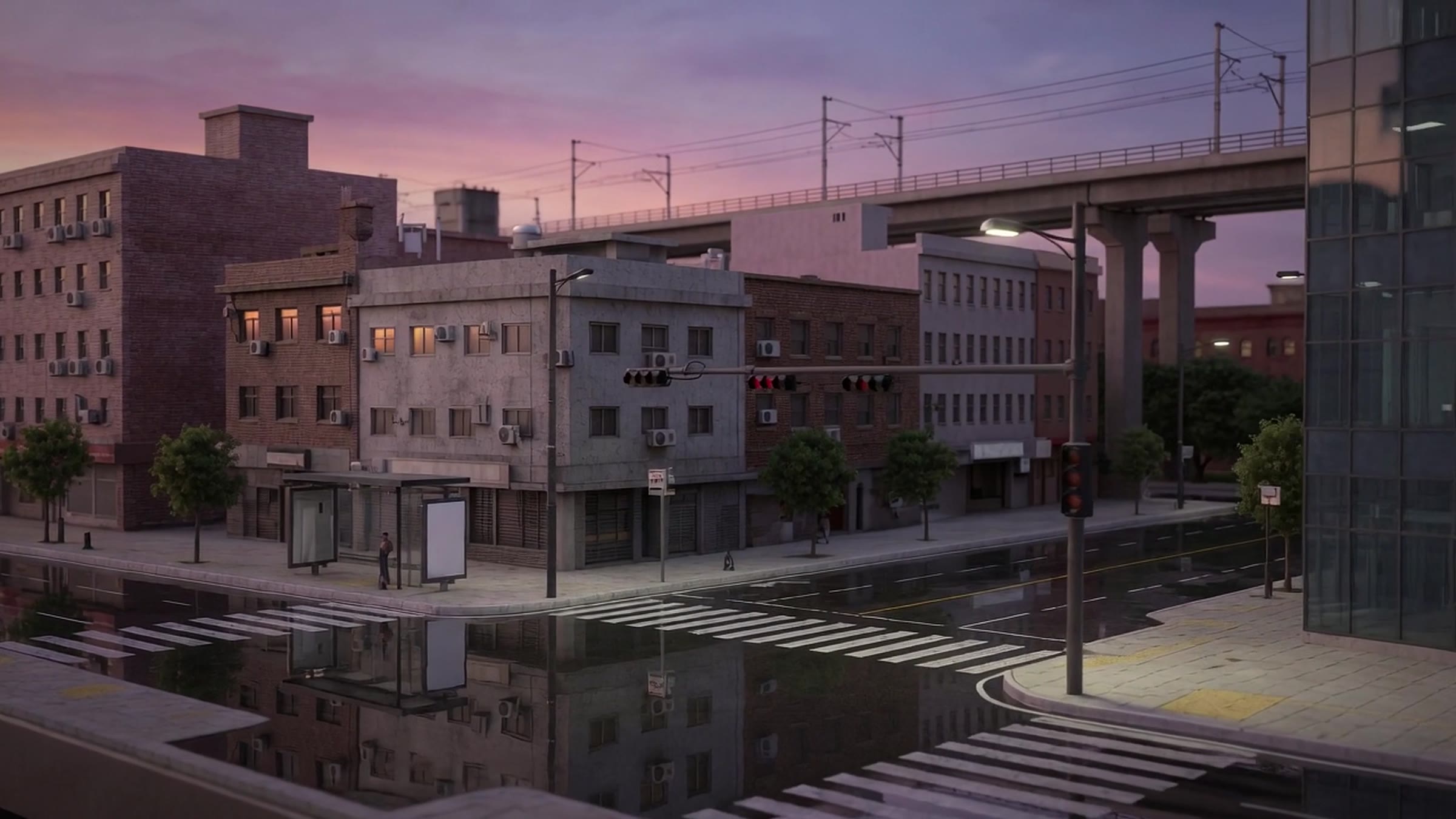Street level crossing and elevated transit line at dusk